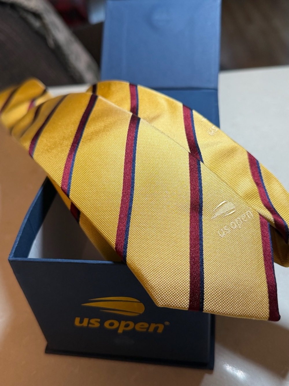 US Open Men's Gold Stripe Silk Tie with Burgundy & Navy Accents